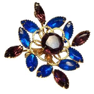 Vintage Mid Century Blue Navette Rhinestone Floral Brooch Gold Tone Cocktail Pin